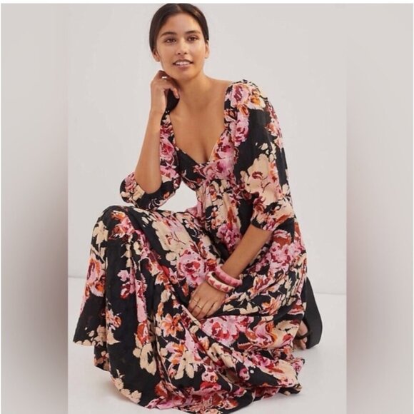 Anthropologie 100% Cotton Boho Black Floral Pink Maxi‎ Dress Balloon Sleeve - Picture 3 of 16